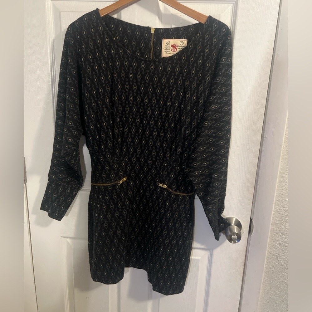 French Connection Denim 1972 Black Gold Pattern Dress Size 10